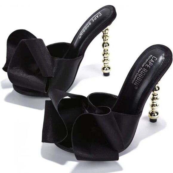 Cape Robbin Oversized Black Bow Detail Mule Gold Accent Bubble Heel/Stiletto - Picture 10 of 12
